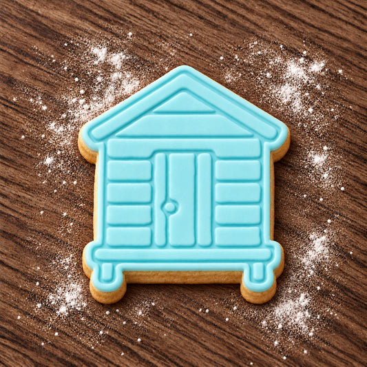 Beach Hut cookie cutter and embosser set – aqua fondant cookie example