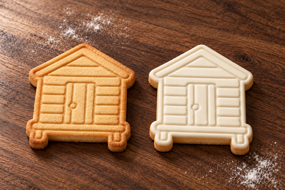 Beach Hut cookie cutter and embosser set – plain cookie and white fondant cookie examples