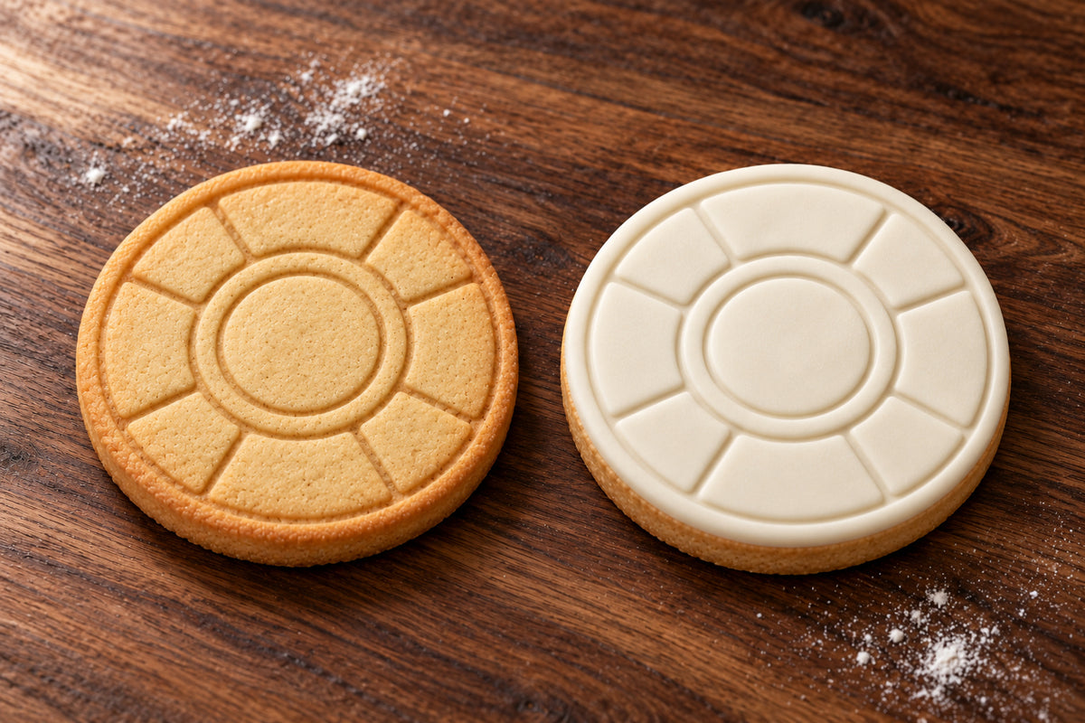 Lifesaver Ring cookie cutter and embosser set – plain cookie and white fondant cookie examples