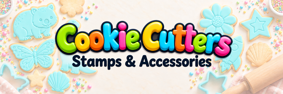 Cookie Cutters, Stamps & Accessories in large colourful 3D lettering over a softly faded cookie background.