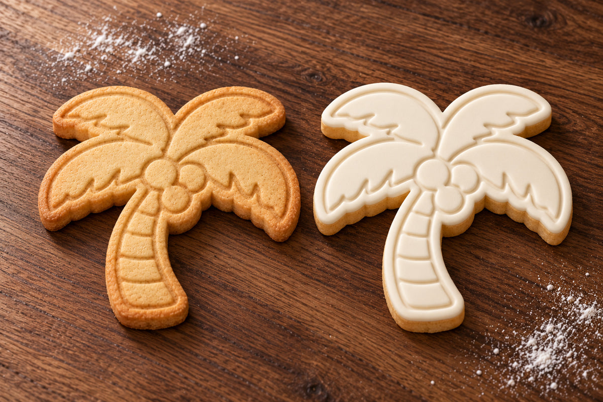 Palm Tree cookie cutter and embosser set – plain cookie and white fondant cookie examples