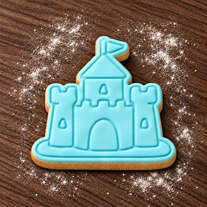 Sandcastle cookie cutter and embosser set – aqua fondant cookie example