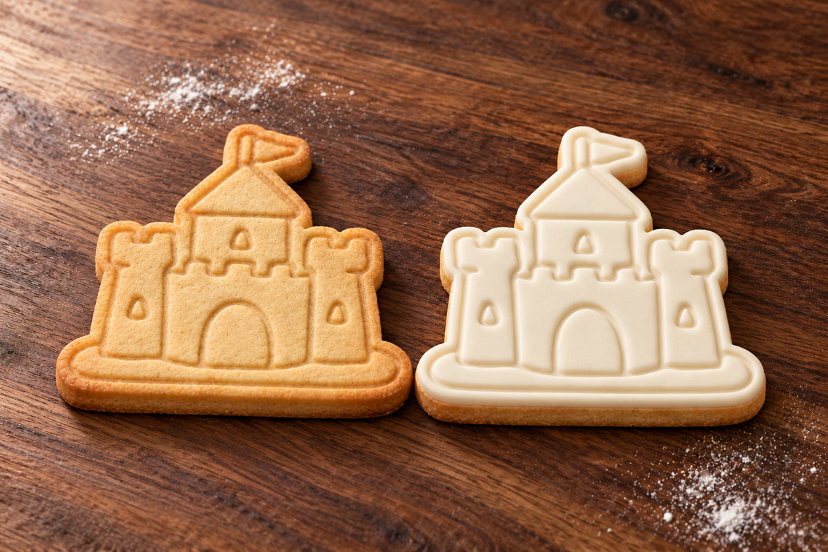 Sandcastle cookie cutter and embosser set – plain cookie and white fondant cookie examples