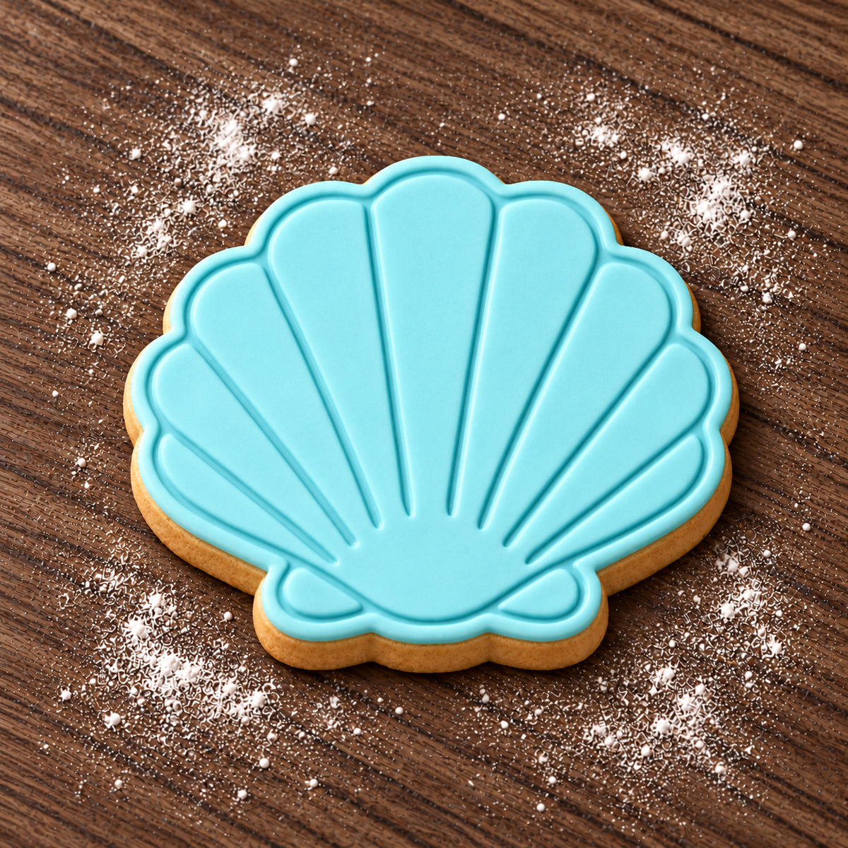 Shell cookie cutter and embosser set – aqua fondant cookie example