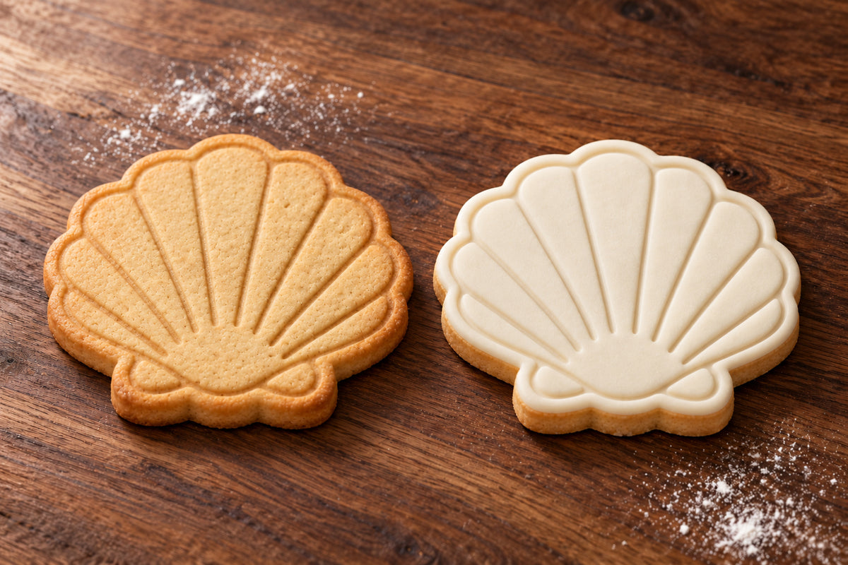 Shell cookie cutter and embosser set – plain cookie and white fondant cookie examples