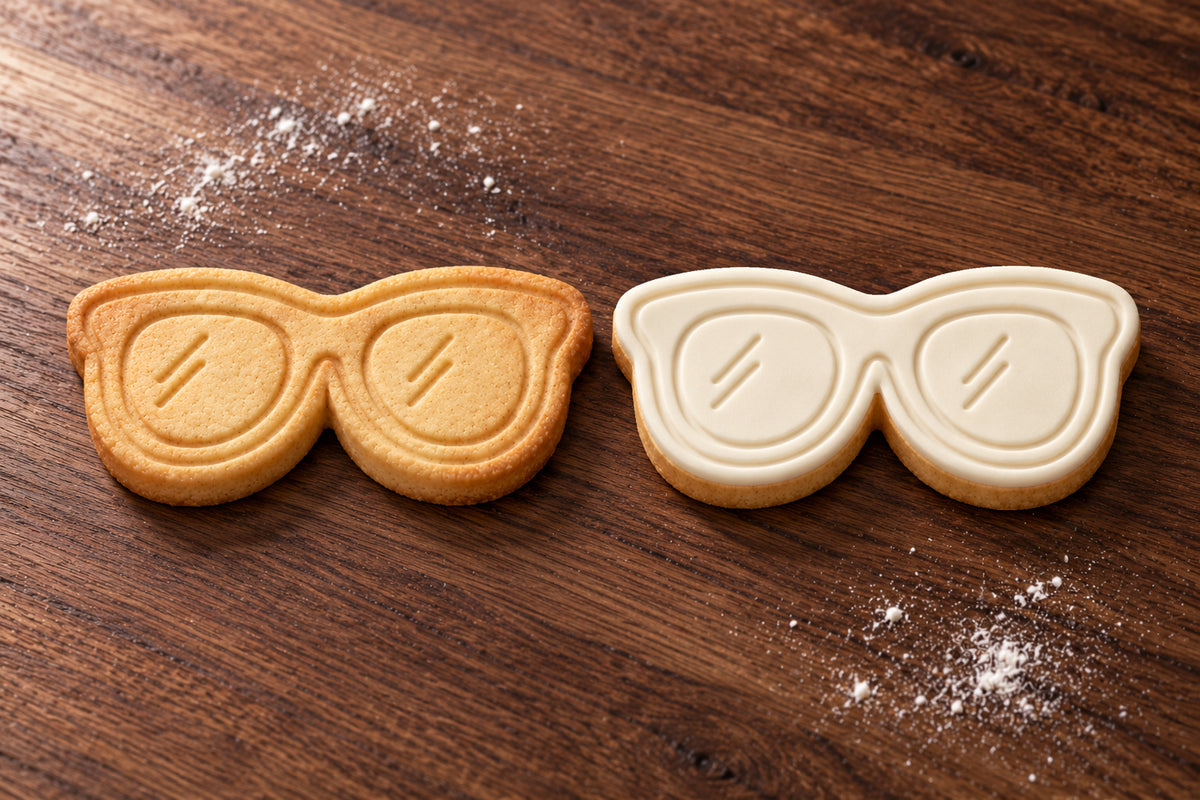 Sunglasses cookie cutter and embosser set – plain cookie and white fondant cookie examples