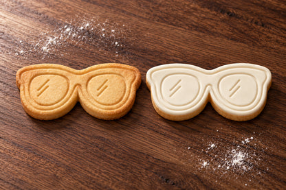 Sunglasses cookie cutter and embosser set – plain cookie and white fondant cookie examples