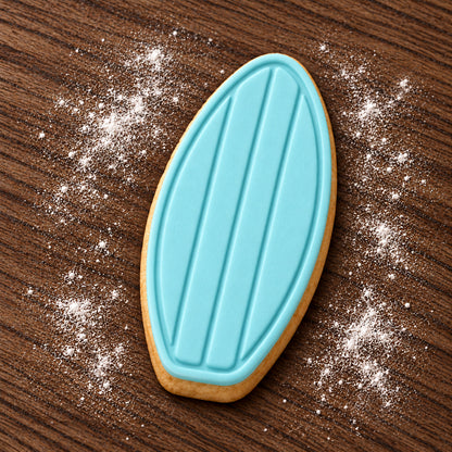 Surfboard cookie cutter and embosser set – aqua fondant cookie example