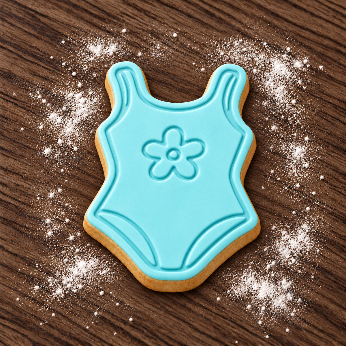 Swimsuit cookie cutter and embosser set – aqua fondant cookie example