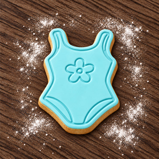 Swimsuit cookie cutter and embosser set – aqua fondant cookie example