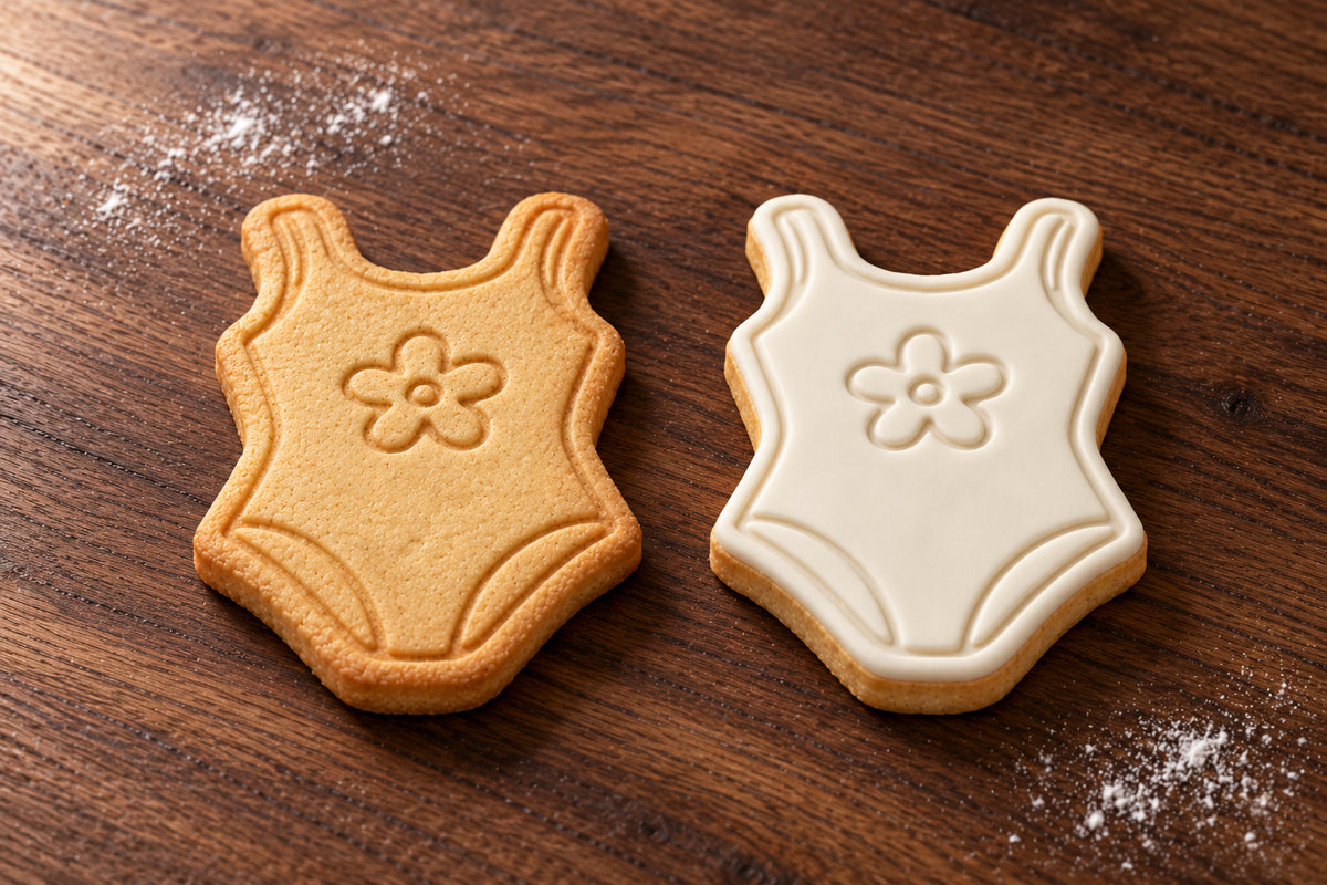 Swimsuit cookie cutter and embosser set – plain cookie and white fondant cookie examples