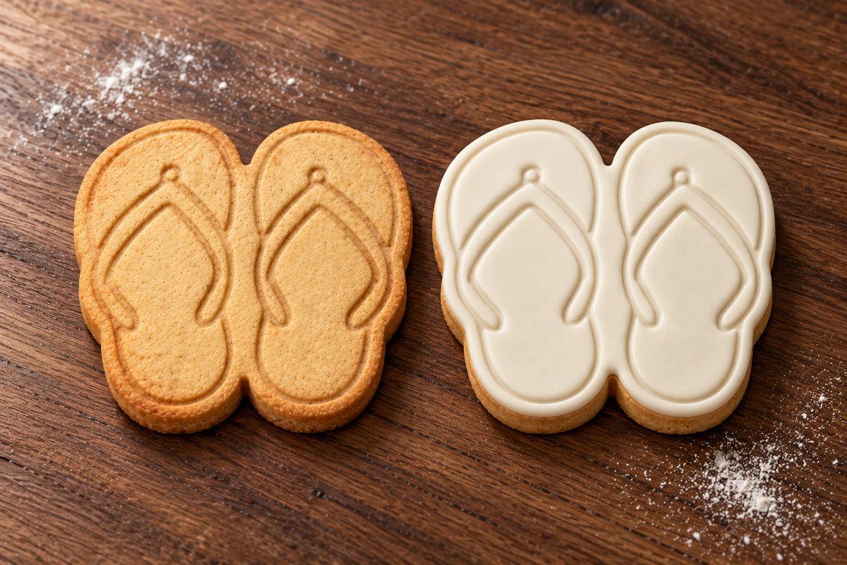 Thongs cookie cutter and embosser set – plain cookie and white fondant cookie examples