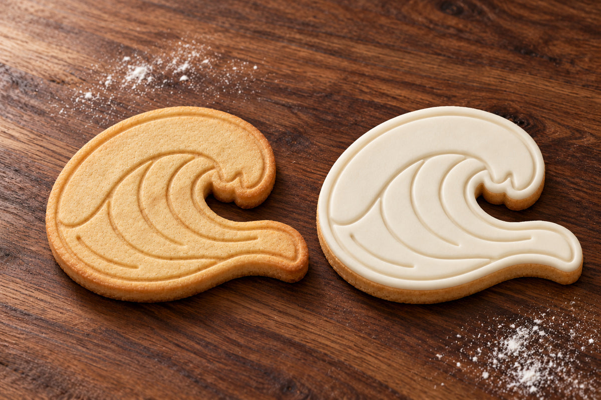 Wave cookie cutter and embosser set – plain cookie and white fondant cookie examples